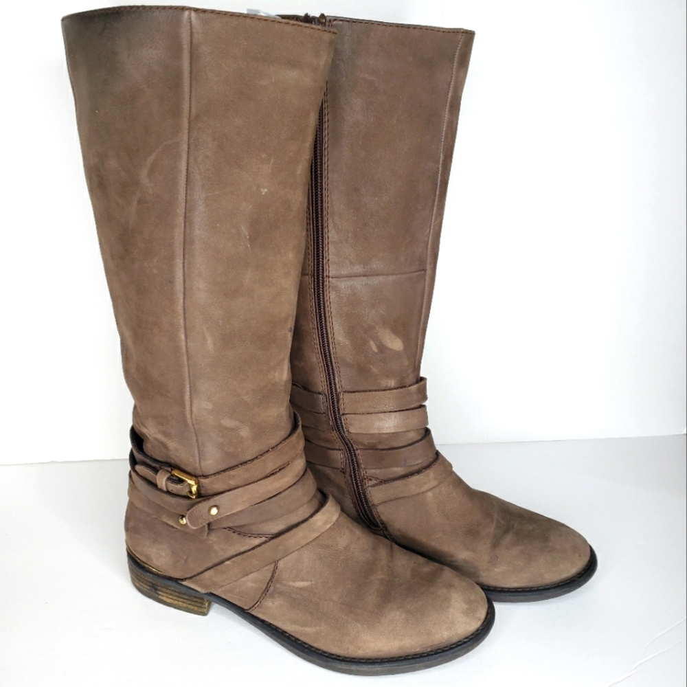 Steve Madden Albany Marone knee high boots Leather upper strappy buckled comfort